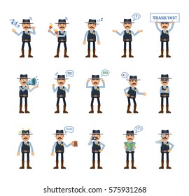 Big set of sheriff characters showing different actions, gestures, emotions. Cheerful cowboy singing, dancing, sleeping, holding banner, map, beer and doing other actions. Simple vector illustration