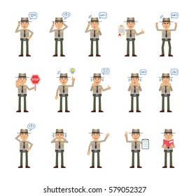 Big set of sheriff characters showing diverse actions, gestures, emotions. Cheerful policeman talking on phone, holding stop sign, reading a book and doing other actions. Simple vector illustration