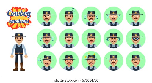 Big set of sheriff emoticons. Cowboy emojis showing different facial expressions. Happy, sad, smile, laugh, surprised, serious, angry, sleepy, dizzy and other emotions. Simple vector illustration