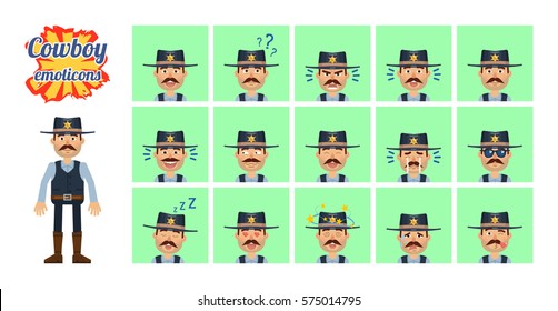 Big set of sheriff emoticons. Cowboy emojis showing different facial expressions. Happy, sad, smile, laugh, surprised, serious, angry, sleepy, dizzy and other emotions. Simple vector illustration
