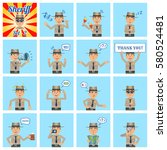 Big set of sheriff emoticons showing different actions, gestures, emotions. Cheerful policeman singing, sleeping, holding loudspeaker, banner, map and doing other actions. Simple vector illustration