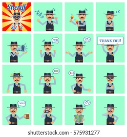 Big set of sheriff emoticons showing different actions, gestures, emotions. Cheerful cowboy singing, dancing, sleeping, holding banner, map, beer and doing other actions. Simple vector illustration