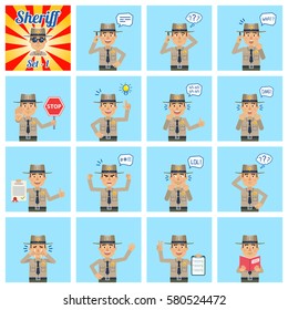 Big set of sheriff emoticons showing different actions, gestures, emotions. Cheerful policeman talking on phone, holding stop sign, reading a book and doing other actions. Simple vector illustration