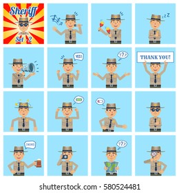Big set of sheriff emoticons showing different actions, gestures, emotions. Cheerful policeman singing, sleeping, holding loudspeaker, banner, map and doing other actions. Simple vector illustration
