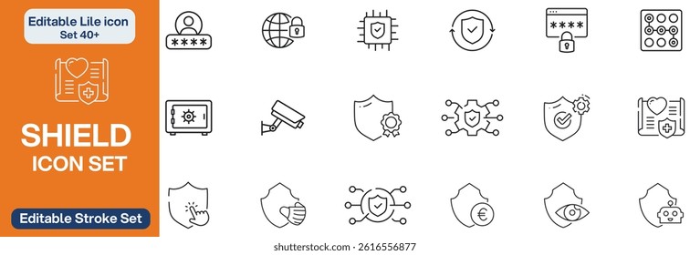 Big set of shield line icons. Protection, security, defense, guard etc. Editable stroke