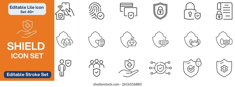 Big set of shield line icons. Protection, security, defense, guard etc. Editable stroke