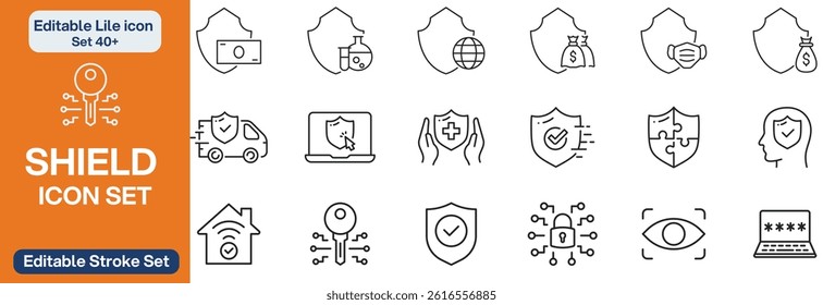 Big set of shield line icons. Protection, security, defense, guard etc. Editable stroke