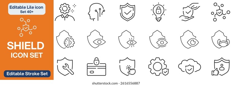 Big set of shield line icons. Protection, security, defense, guard etc. Editable stroke