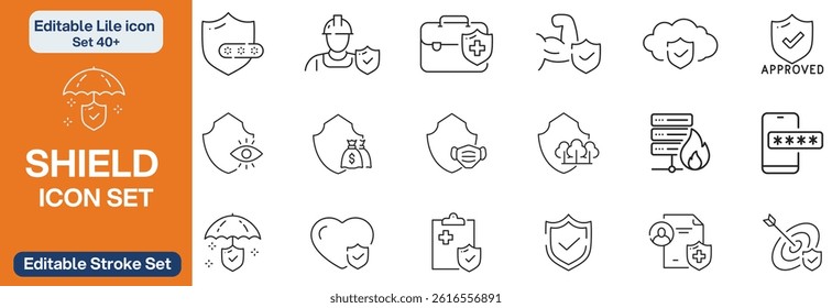 Big set of shield line icons. Protection, security, defense, guard etc. Editable stroke