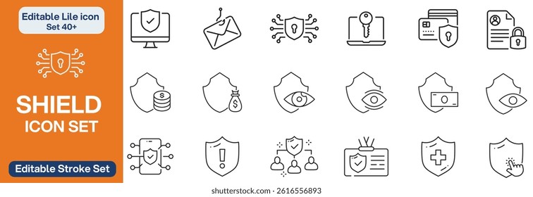 Big set of shield line icons. Protection, security, defense, guard etc. Editable stroke