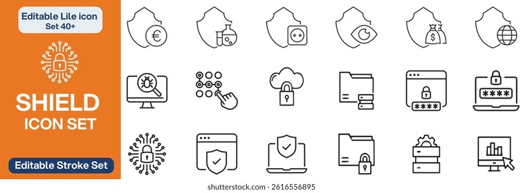 Big set of shield line icons. Protection, security, defense, guard etc. Editable stroke