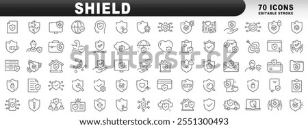 Big set of shield line icons. Protection, security, defense, guard etc. Editable stroke