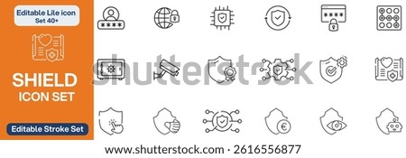 Big set of shield line icons. Protection, security, defense, guard etc. Editable stroke