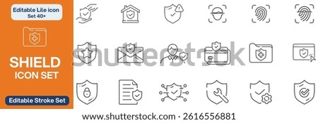 Big set of shield line icons. Protection, security, defense, guard etc. Editable stroke