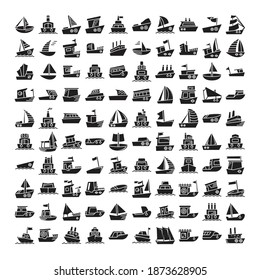 big set of ship, vessel, sailing boat, speed boat, container vessel icons glyph design