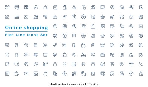 Gran juego de íconos de compras. Colección de iconos de comercio electrónico. Iconos de línea delgada para compras en línea
