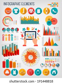 Große Auswahl an Infografiken zum Einkaufen. Vektorgrafik.