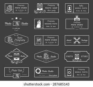 Big set of sign, logos and badges photo studios, clubs, air shooting, shops and wedding photography. Collection of symbols and emblems for your design - Stock Vector