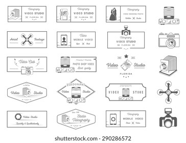 Big set of sign, logos and badges video studios, clubs, air shooting, shops and wedding videography. Collection of symbols and emblems for your design - Stock Vector