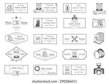 Big set of sign, logos and badges photo studios, clubs, air shooting, shops and wedding photography. Collection of symbols and emblems for your design - Stock Vector