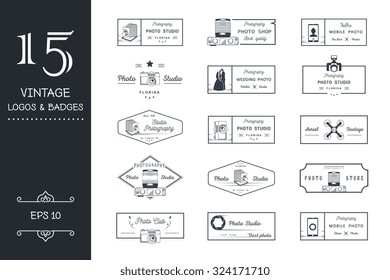 Big set of sign, logos and badges photo studios, clubs, air shooting, shops and wedding photography. Collection of symbols and emblems for your design - Stock Vector