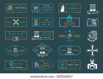 Big set of sign, logos and badges video studios, clubs, air shooting, shops and wedding videography. Collection of symbols and emblems for your design - Stock Vector