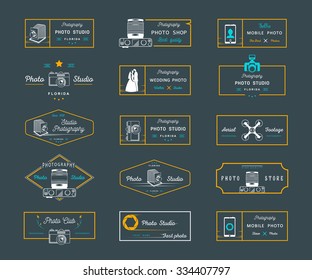 Big set of sign, logos and badges photo studios, clubs, air shooting, shops and wedding photography. Collection of symbols and emblems for your design - Stock Vector