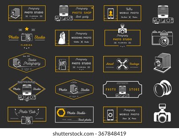 Big set of sign, logos and badges photo studios, clubs, air shooting, shops and wedding. Collection of symbols and emblems for your design - Stock Vector