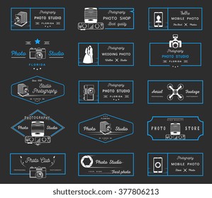 Big set of sign, logos and badges photo studios, clubs, air shooting, shops and wedding. Collection of symbols and emblems for your design - Stock Vector