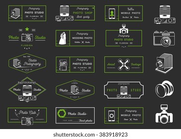 Big set of sign, logos and badges photo studios, clubs, air shooting, shops and wedding. Collection of symbols and emblems for your design - Stock Vector