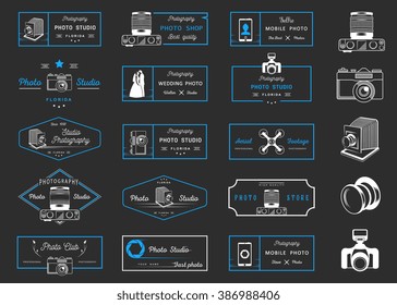Big set of sign, logos and badges photo studios, clubs, air shooting, shops and wedding. Collection of symbols and emblems for your design - Stock Vector