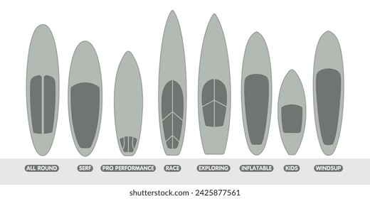 Big set silhouette surfboards types. Supfboards