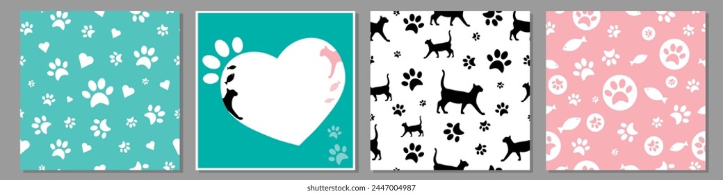 Big set of silhouette walking cats and cats paw seamless patterns and card template set. Cats footprints signs texture. Animals concept vector repeatable and printable patterns collection.