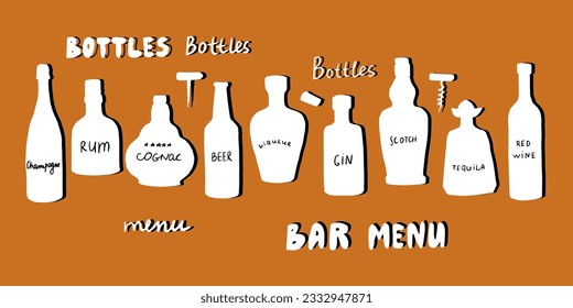 Big set of silhouettes of alcohol bottles and glasses in the style of doodles. Champagne, rum, gin, cognac, beer, tequila, red wine, scotch, white wine. Great for bar menu, banner. Isolated on orange