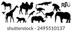  Big set of silhouettes animal safari. African animals group vector silhouette illustration isolated on white background. Elephant, giraffe, alligator, lion, chimpanzee, python, ostrich, camel