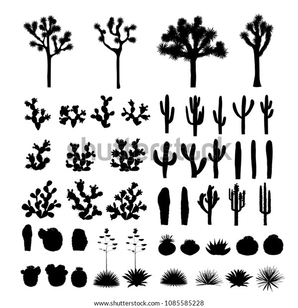 Big set with silhouettes of cacti, agaves,\
joshua tree, and prickly pear. Vector cactus collection, black and\
white design elements