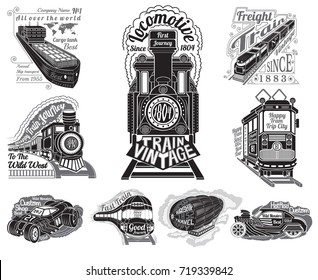 Big set silhouettes of different transport train, ship, cargo tank, car, tram and balloon for design print print isolated on white