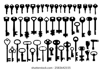 Big set of silhouettes of door keys.
