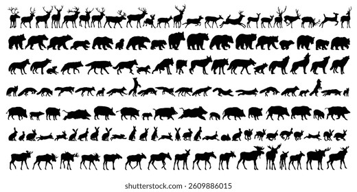 A big set of silhouettes of forest animals.

