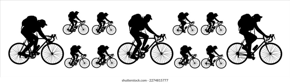 Big set of silhouettes. Girl in a cap on a bike with a big backpack. A woman in a hat rides a bicycle. A group of cyclists. Sport. Competitions. Side view. Black color silhouette on white background