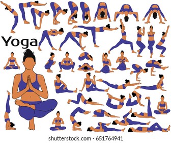 Big set of silhouettes of girl with colored skin tone in blue costume standing, sitting and laying in different yoga poses isolated on white background. Complex of yoga exercsises.