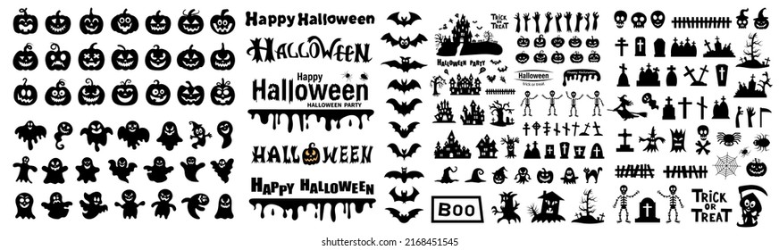 Gran conjunto de siluetas de Halloween sobre fondo blanco. Ilustración vectorial.