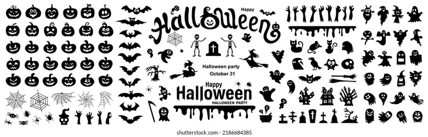 Big set of silhouettes of Halloween on a white background. Vector illustration.