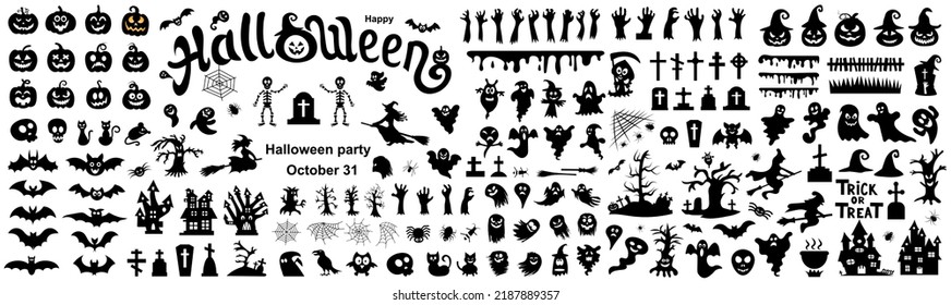 Big set of silhouettes of Halloween on a white background. Vector illustration.