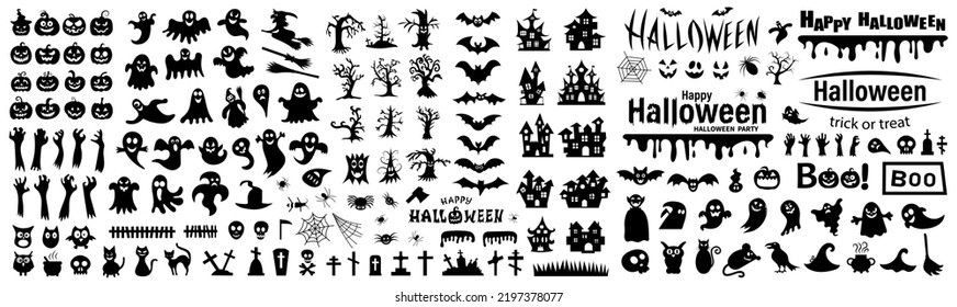 Big set of silhouettes of Halloween on a white background. Vector illustration.