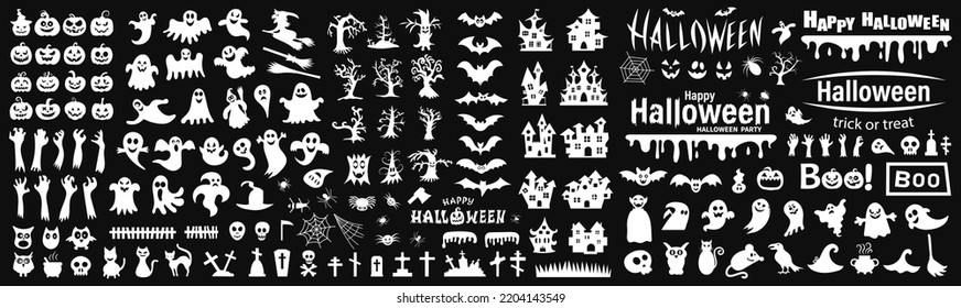 Big set of silhouettes of Halloween on a black background. Vector illustration.