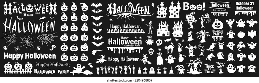 Big set of silhouettes of Halloween on a black background. Vector illustration.