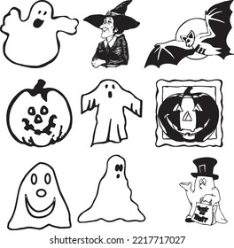 Big set of silhouettes of Halloween on a white background. Vector illustration.