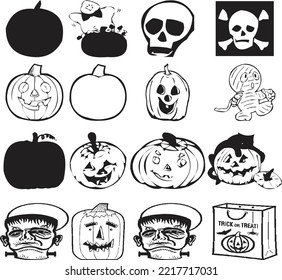 Big set of silhouettes of Halloween on a white background. Vector illustration.