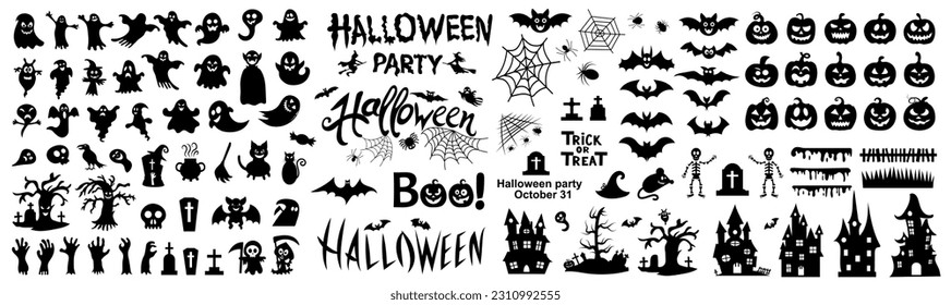 Big set of silhouettes of Halloween on a white background. Vector illustration.